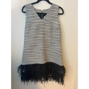 Sail To Sable Dress Black White Gold Metallic Tweed Real Feather Trim Sz 10 $298